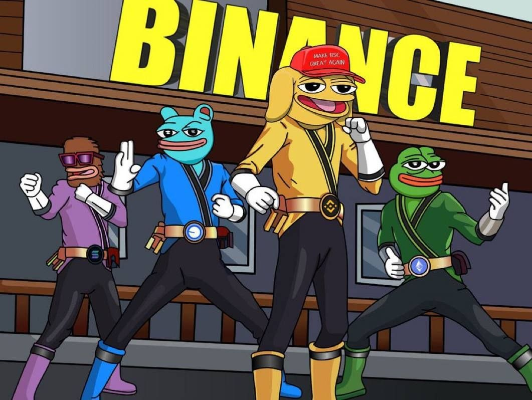 Andy and meme characters in front of a Binance sign