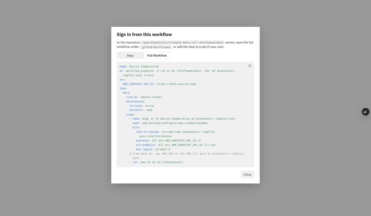 The Sign in from this workflow dialog on Full Workflow: a workflow-level env setting AWS_ENDPOINT_URL_S3 to https://data.source.coop, one data job with id-token write, and a sign-in step whose audience and sts-endpoint read ${{ env.AWS_ENDPOINT_URL_S3 }}