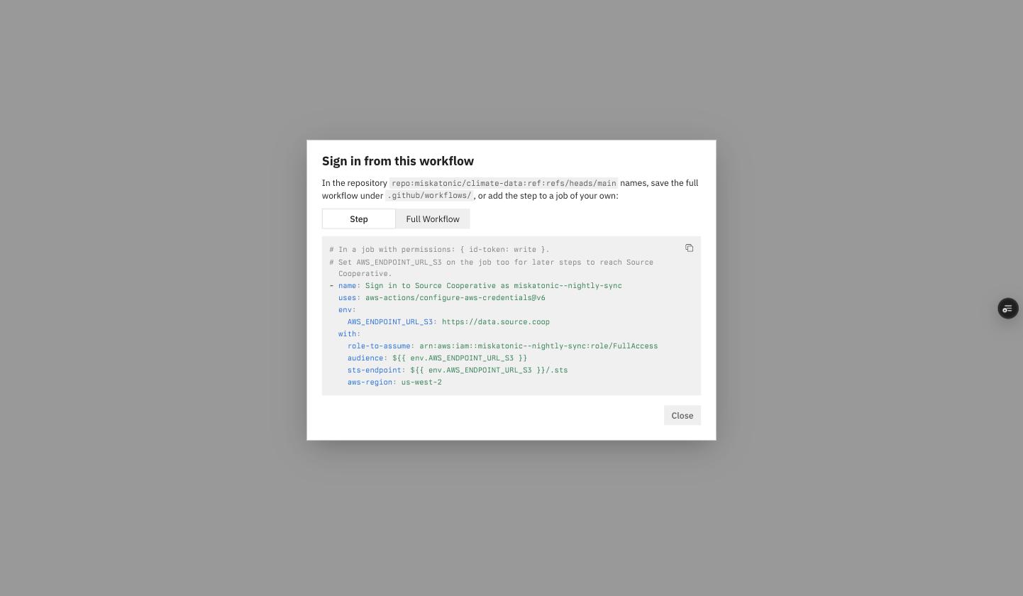 The same dialog on Step: two comments saying the job needs id-token write and AWS_ENDPOINT_URL_S3 for later steps, then the sign-in step with its own env setting AWS_ENDPOINT_URL_S3 and with: reading ${{ env.AWS_ENDPOINT_URL_S3 }}