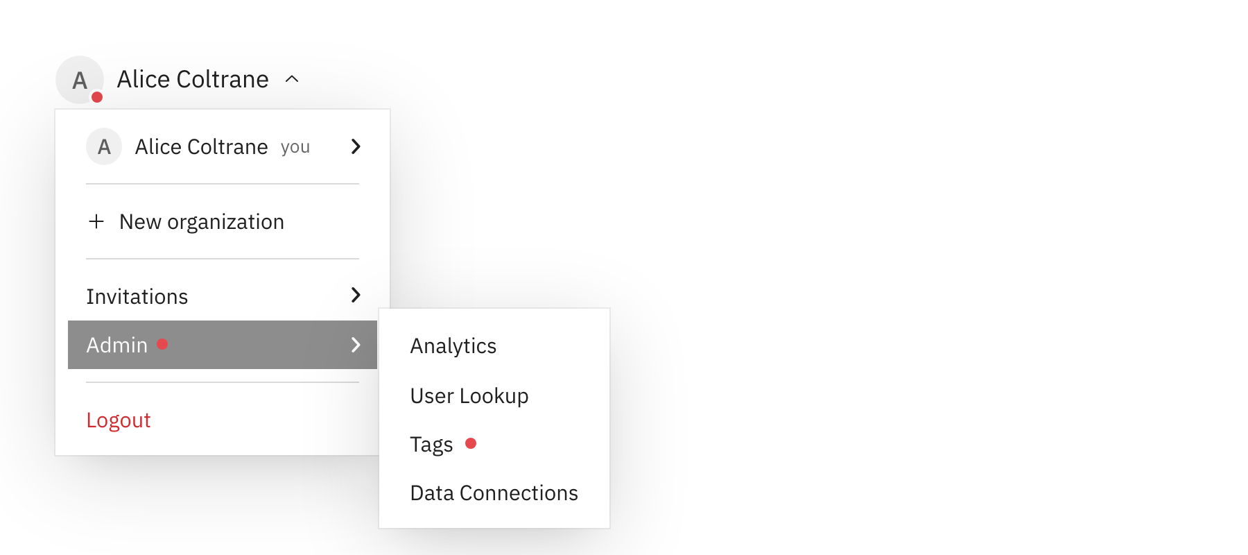 The account menu with tags to review