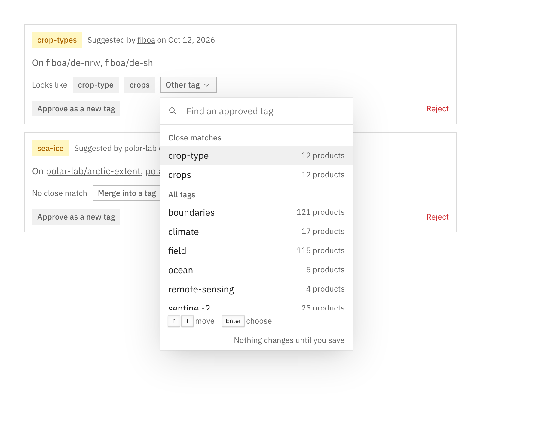 Every approved tag for a merge, close matches first