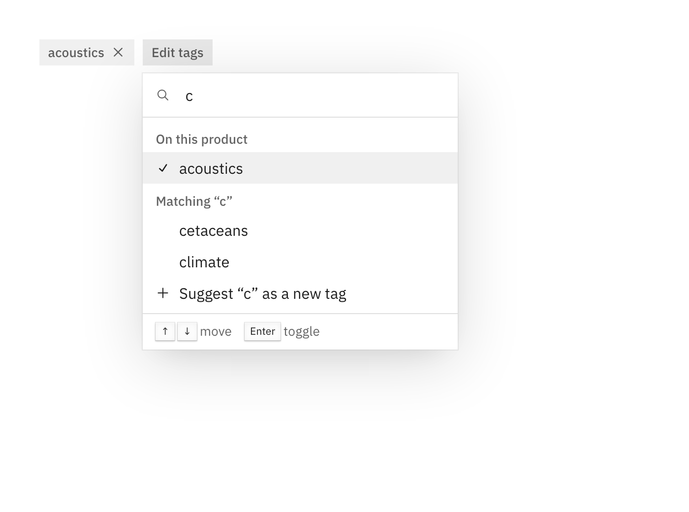 The tag picker: the product's tags first, then the rest