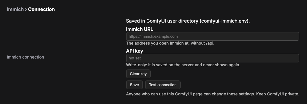 Immich settings in ComfyUI