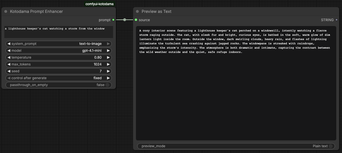 The example workflow after one run: Kotodama feeding Preview as Text