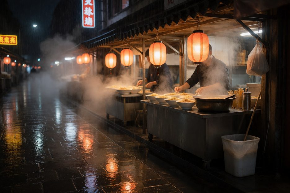 Render from Kotodama's prompt: a steaming noodle stall under lanterns on a rain-slick street