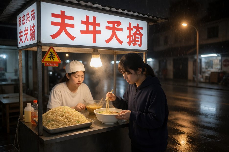 Render from the rough idea: a noodle stall at night