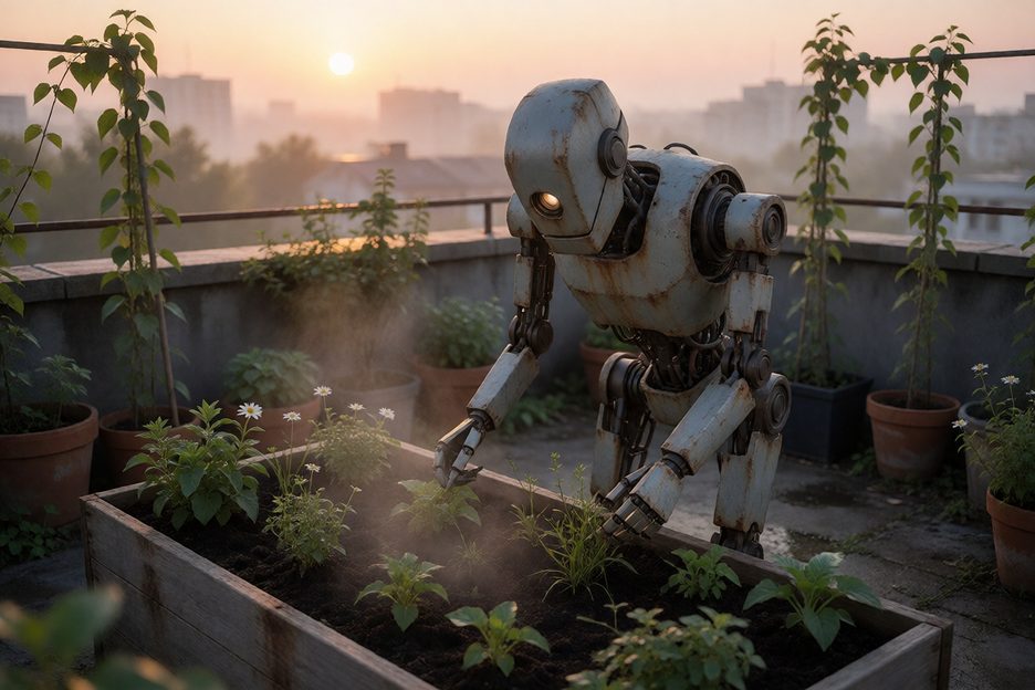 Render from Kotodama's prompt: a weathered robot tending raised beds at sunrise