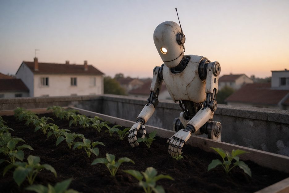 Render from the rough idea: an old robot in a rooftop garden
