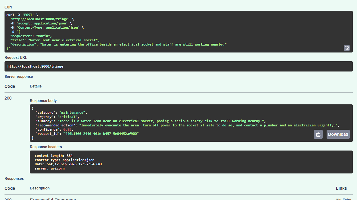 Successful structured response from the OpsPilot AI triage API