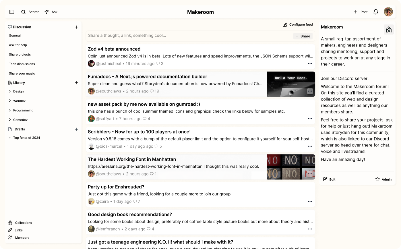 A screenshot of a Storyden instance
