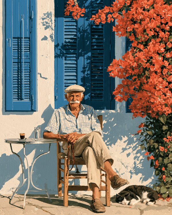 An old Cypriot man resting in the shade by a blue shutter, a coffee on the table and a cat asleep at his feet