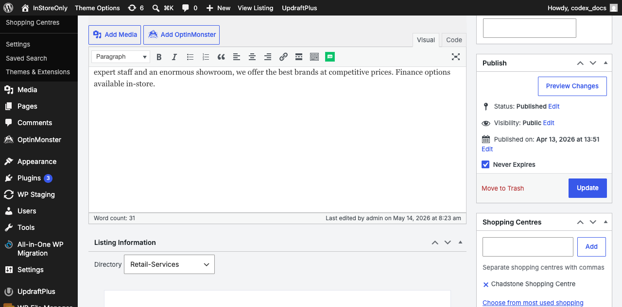Listing edit screen