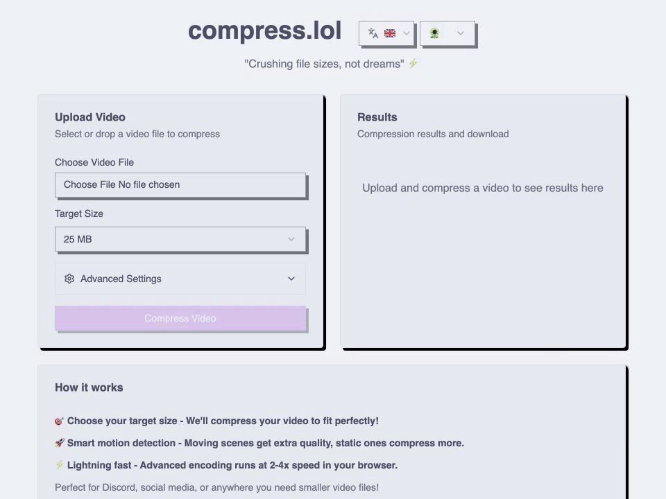 A video is dropped on compress.lol and compressed to 25 MB in the browser