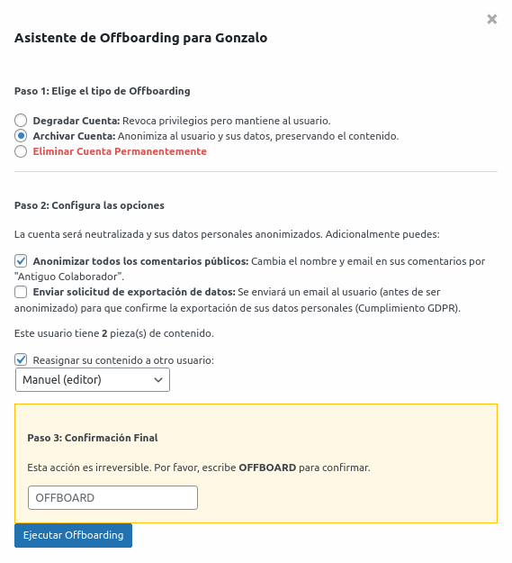 Asistente modal mostrando la elección inicial y las opciones de archivado