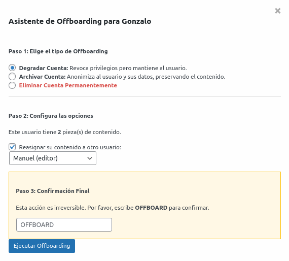 Asistente modal mostrando la elección inicial y las opciones de archivado