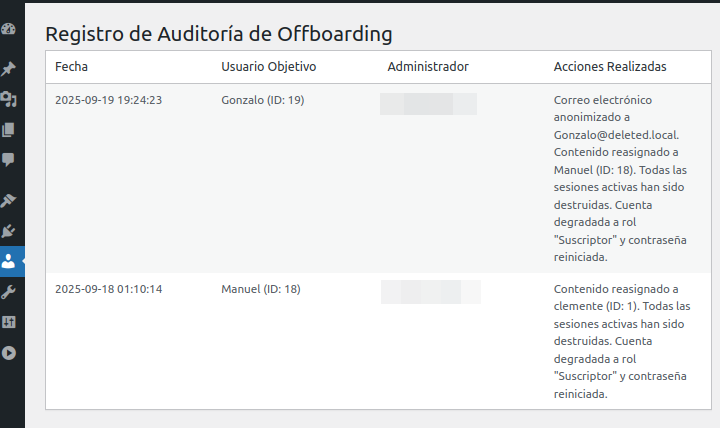 Página de registro de auditoría