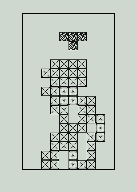 Newtris running as recompiled native C: a T-piece falling above a stack of blocks, drawn with the package's own 1-bit sprite sheet in the Newton LCD palette