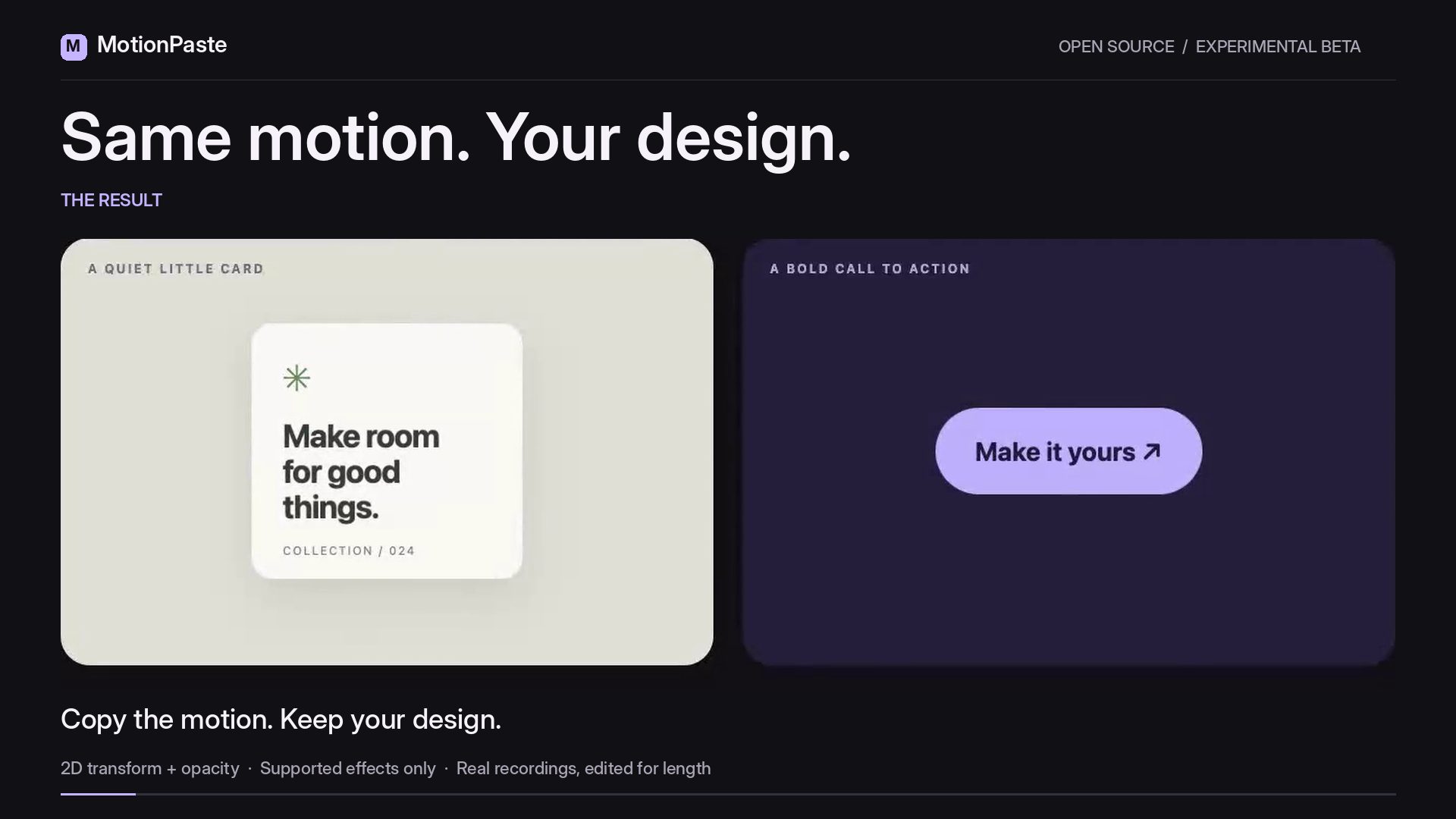 A card and a button replay the same exported motion. Watch the 15-second demo.
