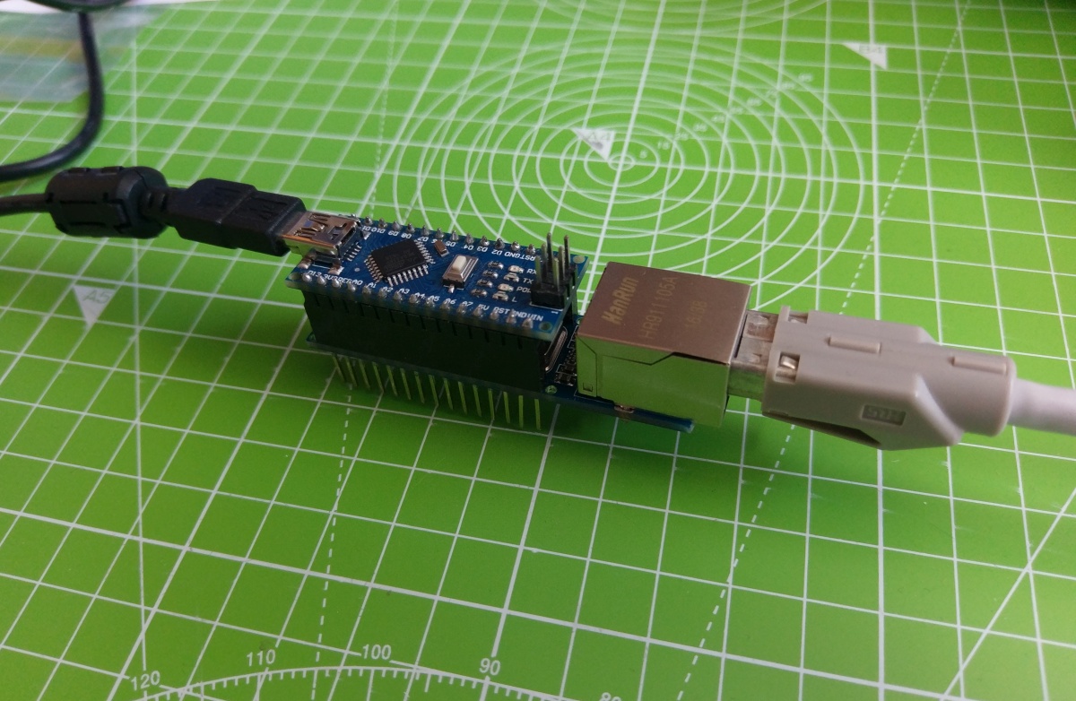 ENC28J60 ethernet shield + Arduino nano plugged in and working