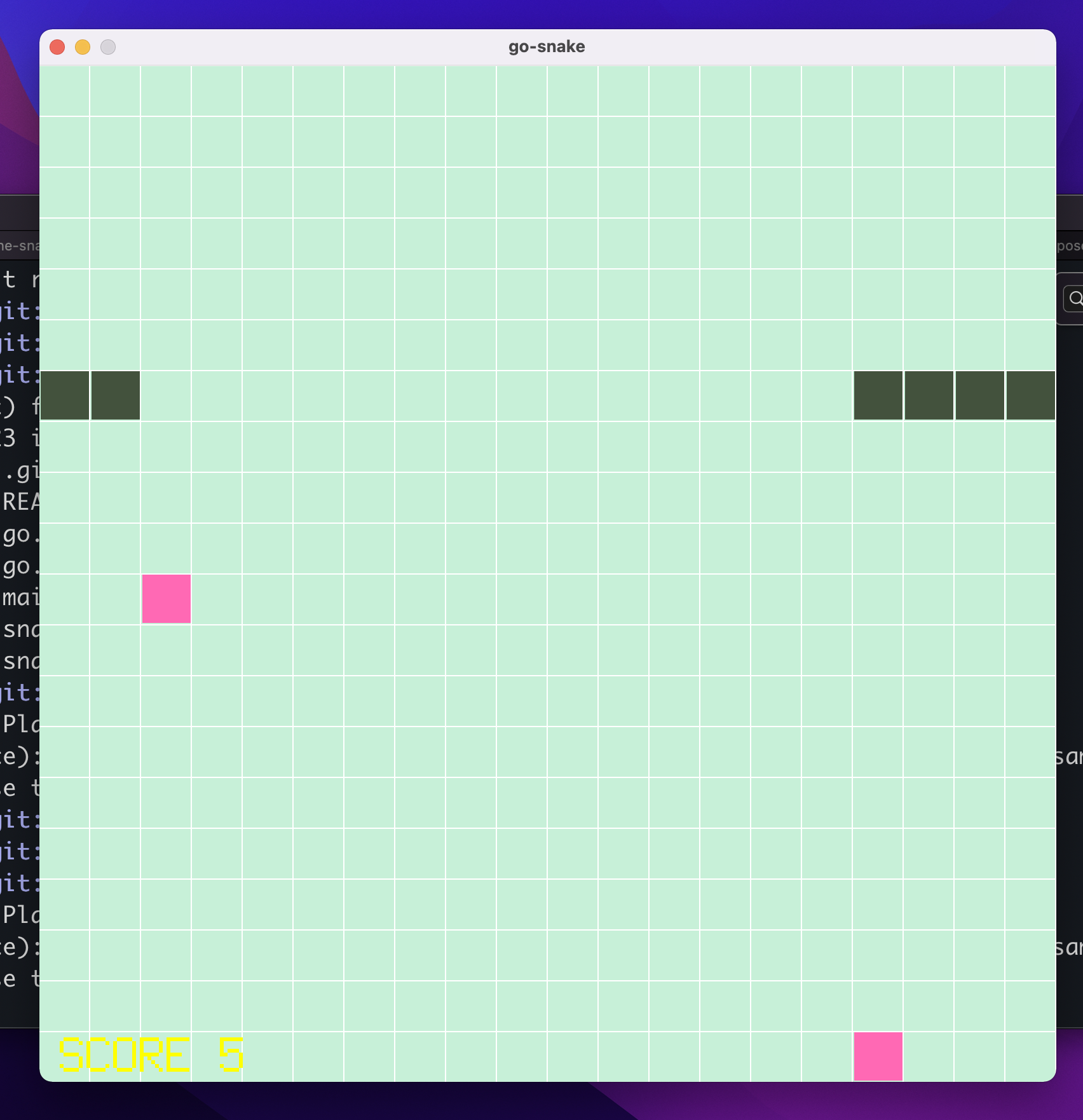 Screenshot of a Snake game written in Golang. You could say "there was an attempt at making it like Nokia's Snake 2"