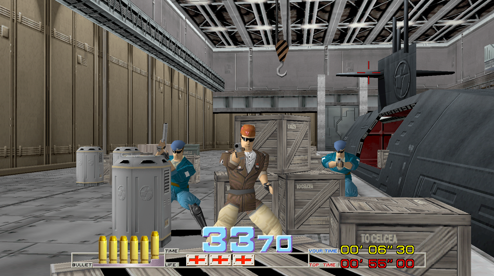 Time Crisis: the submarine hangar, with the gun crosshair