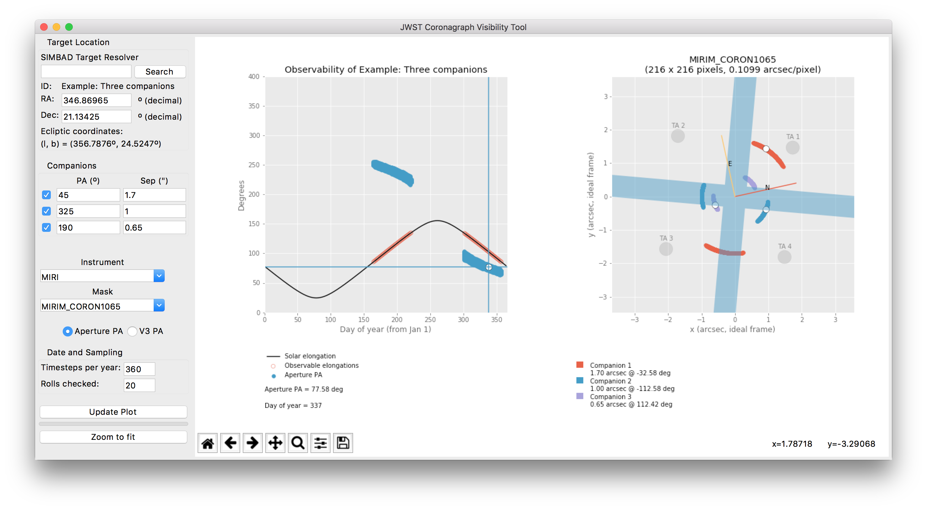 Screenshot of the JWST Coronagraph Visibility Tool showing target HR 8799 with three companions plotted.