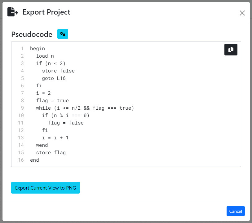 pseudo-code export panel