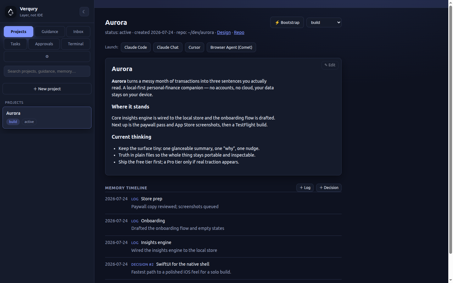 Verqury — projects view with memory timeline and launch buttons