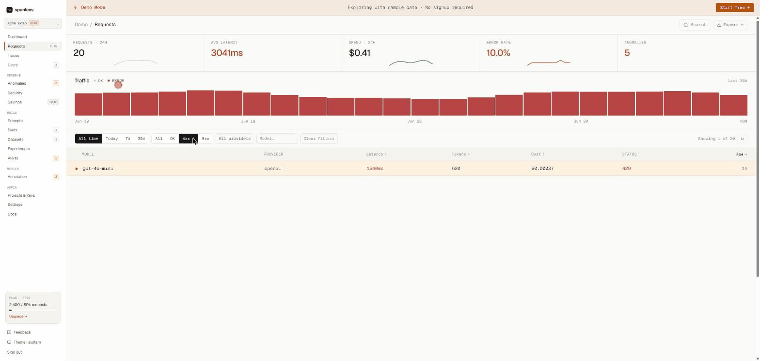 Spanlens request log: filter every LLM call, then drill into the full prompt, response, cost, latency, and tokens