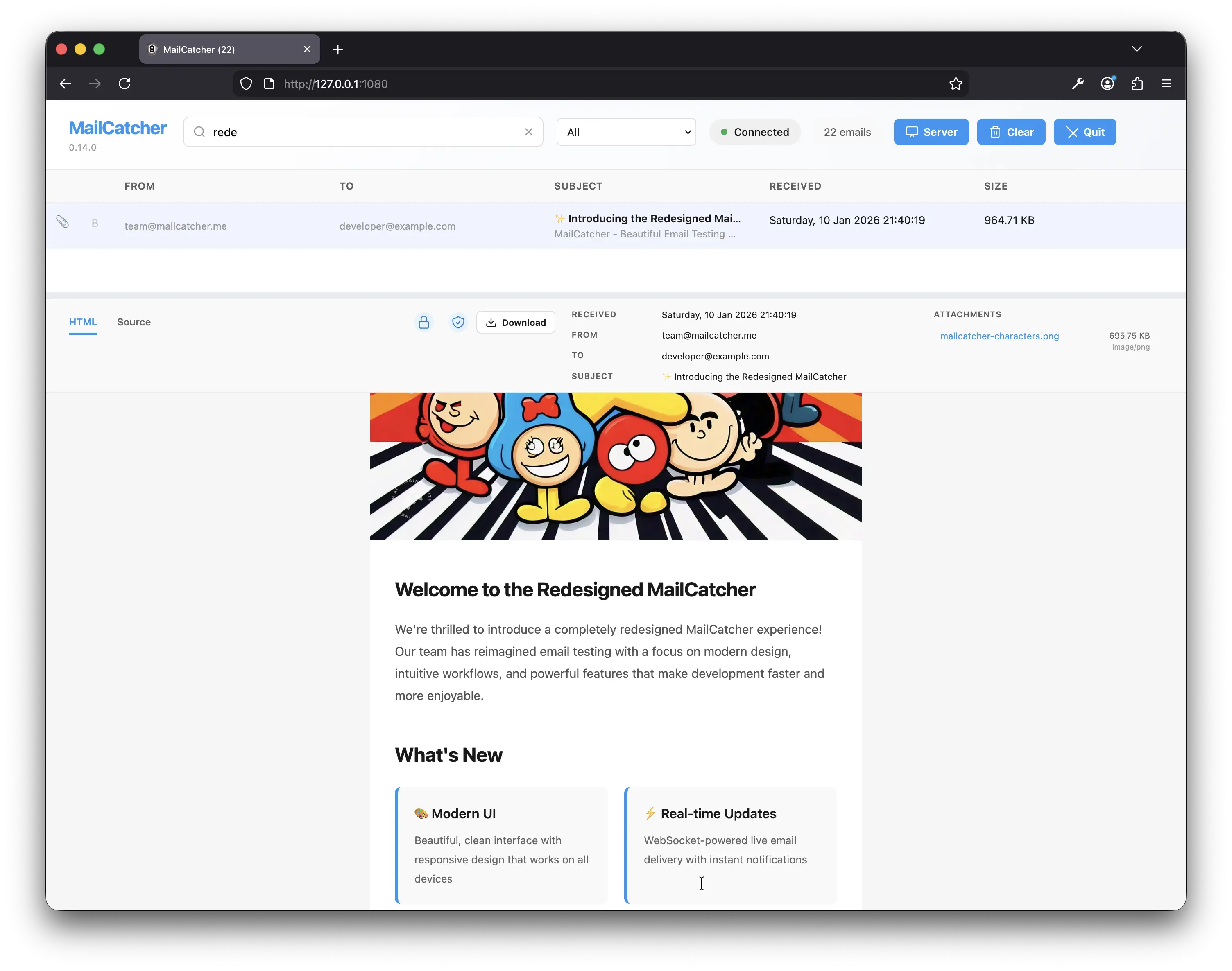MailCatcher NG inbox interface showing email messages
