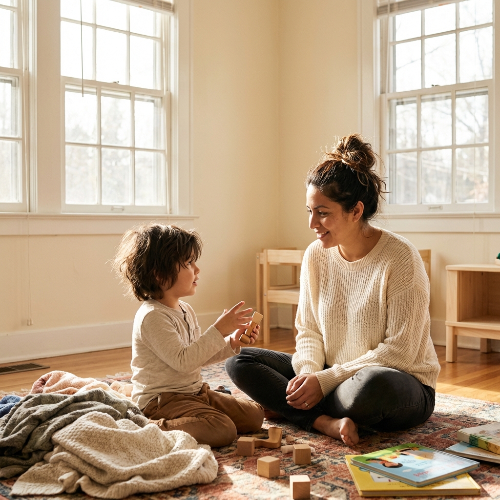 Madre acompañando a su hijo con calma y conexión