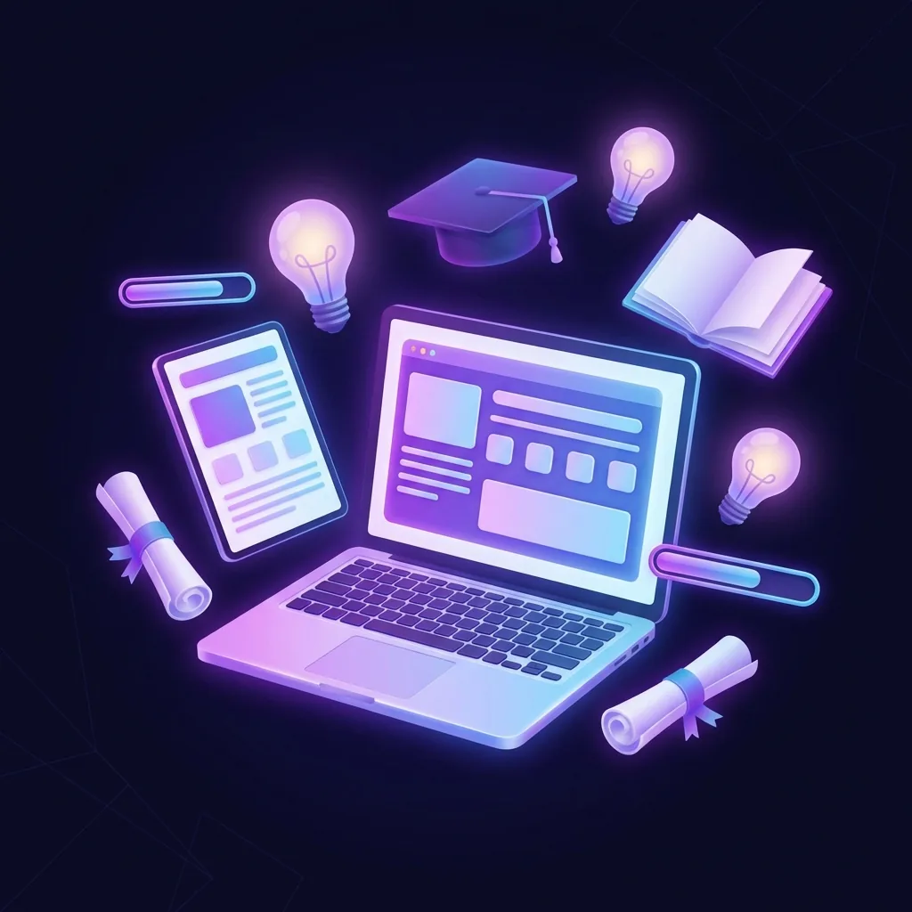 Online learning illustration with laptop and education icons