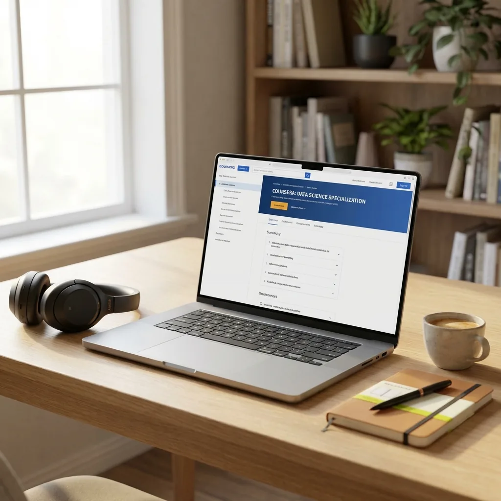 Modern workspace for online learning with laptop and coffee
