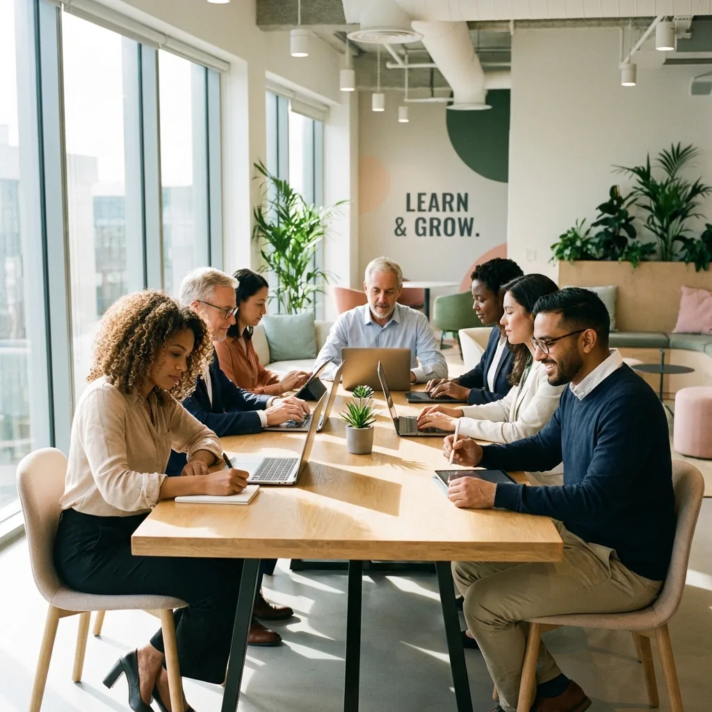 Professionals learning and collaborating in modern workspace