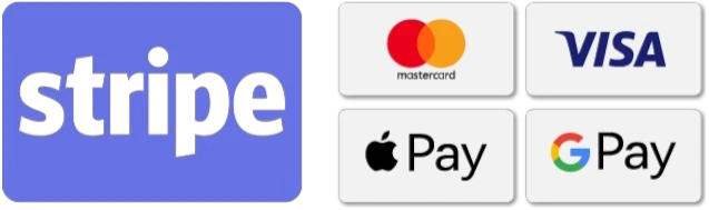 Métodos de pago: Stripe, Mastercard, Visa, Apple Pay, Google Pay