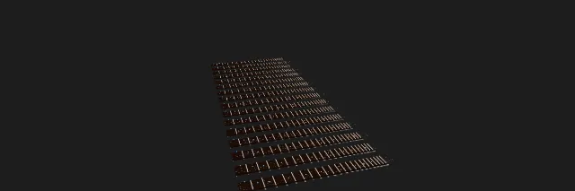 Sixteen dark brown necks side by side on a dark background, seen from above and to the side, each with frets, strings and fret numbers.