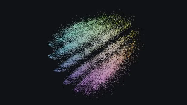A cloud of hundreds of thousands of tiny points on a dark background, stretched in diagonal bands, colored from teal through white to pink.