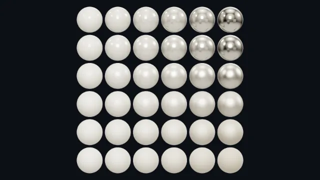 A grid of spheres on a dark background, matte white at the bottom and on the left, turning mirror-like toward the top right.