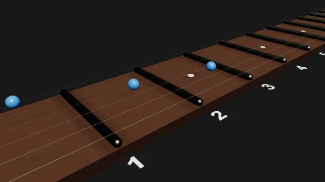 A close view of a fretboard at an angle, with dark fret bars, thin strings, white fret numbers and three blue chord markers, with soft shadows under them.