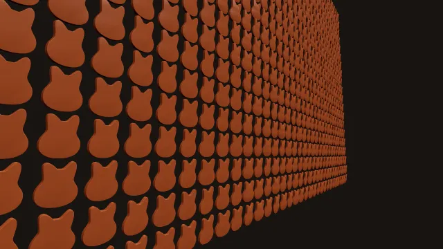 A wall of hundreds of orange guitar bodies in rows, seen at a grazing angle, receding into the distance.