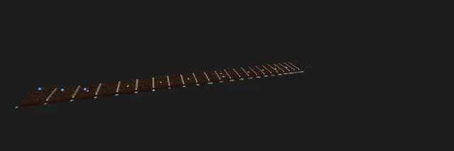 A long dark neck seen from the side at a low resolution, with blurred frets and blue markers near the nut.