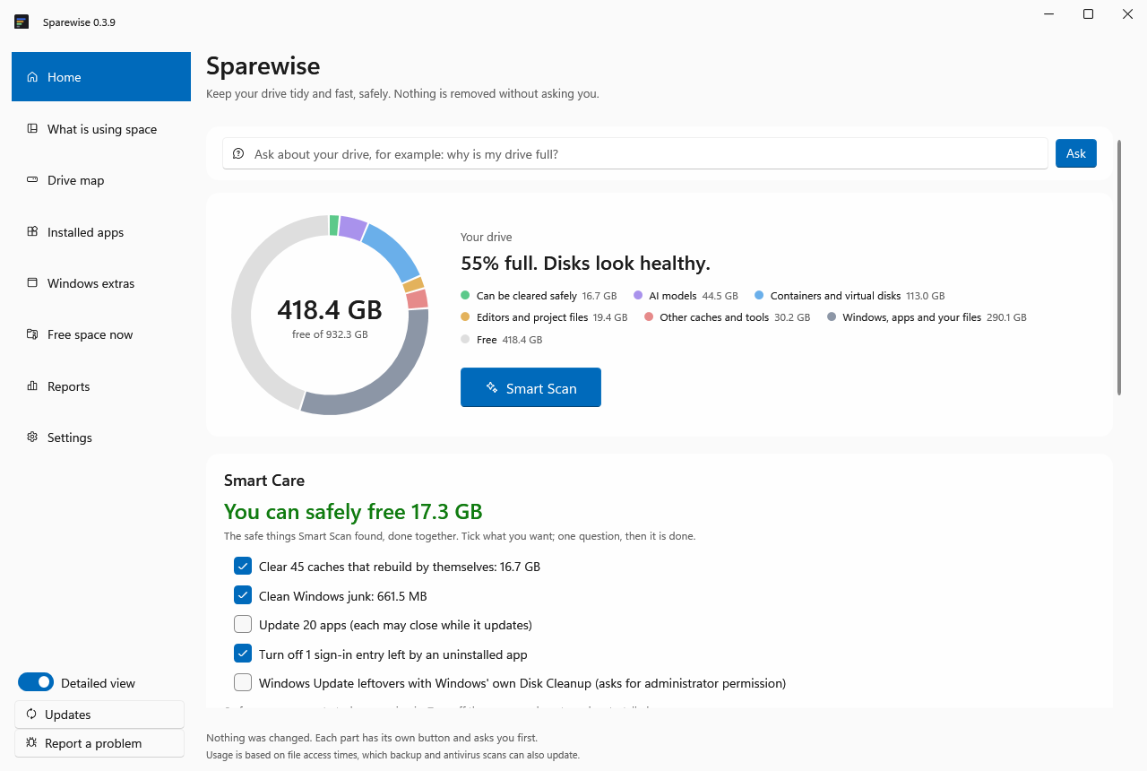 Sparewise Home: how full the drive is, in parts, and how much can be freed safely