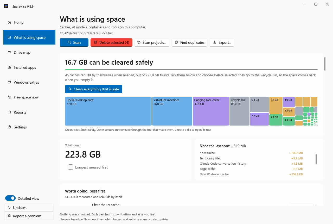 What is using space: everything found, what can be cleared safely, and what grew since the last scan