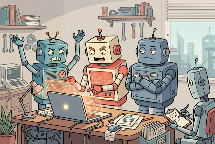 A real image generated by dispatch via agy: cartoon robots arguing around a laptop while a calmer one takes notes