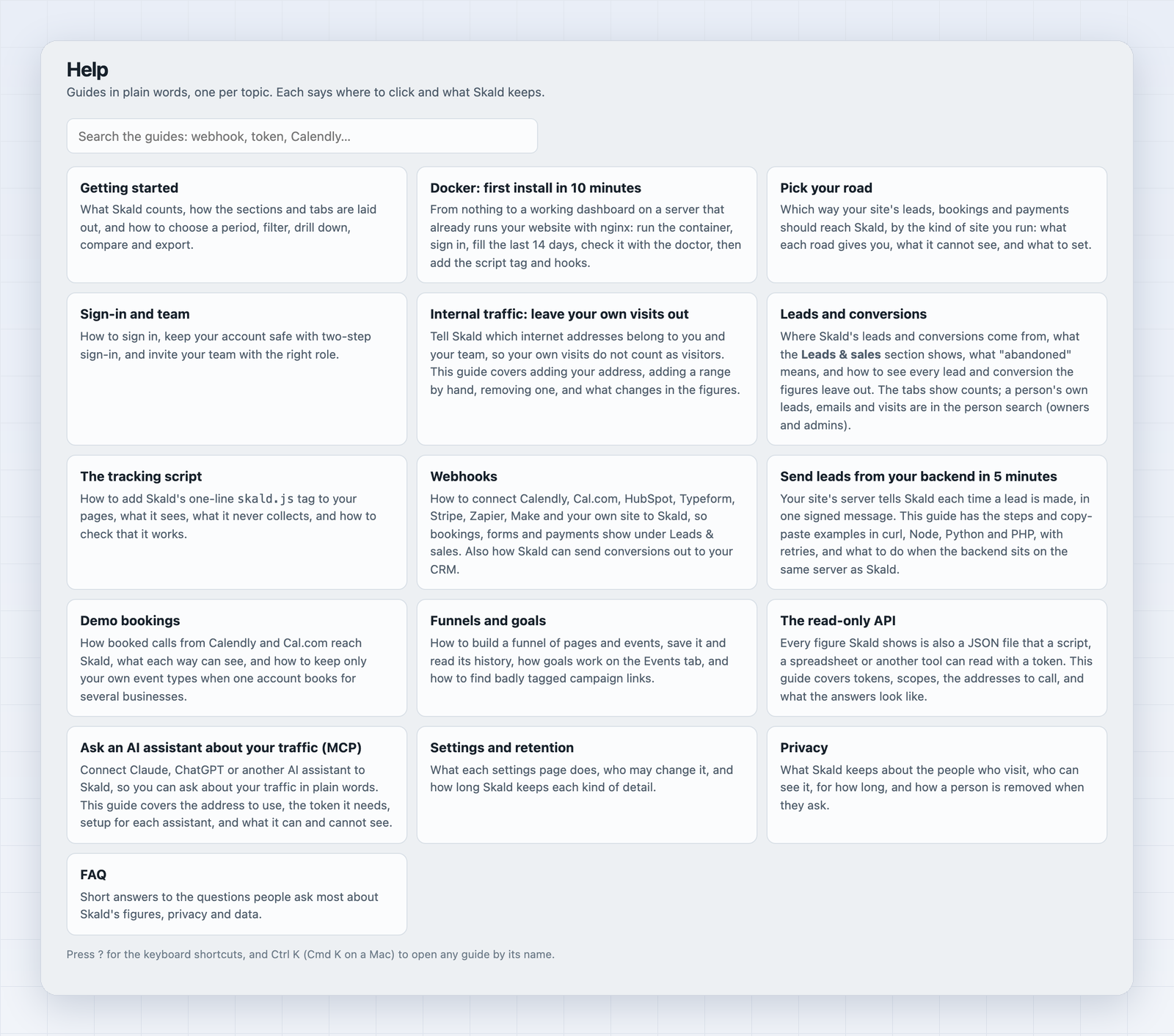 In-app help: a guide for each topic, among them Docker first install, Pick your road, Send leads from your backend and Demo bookings