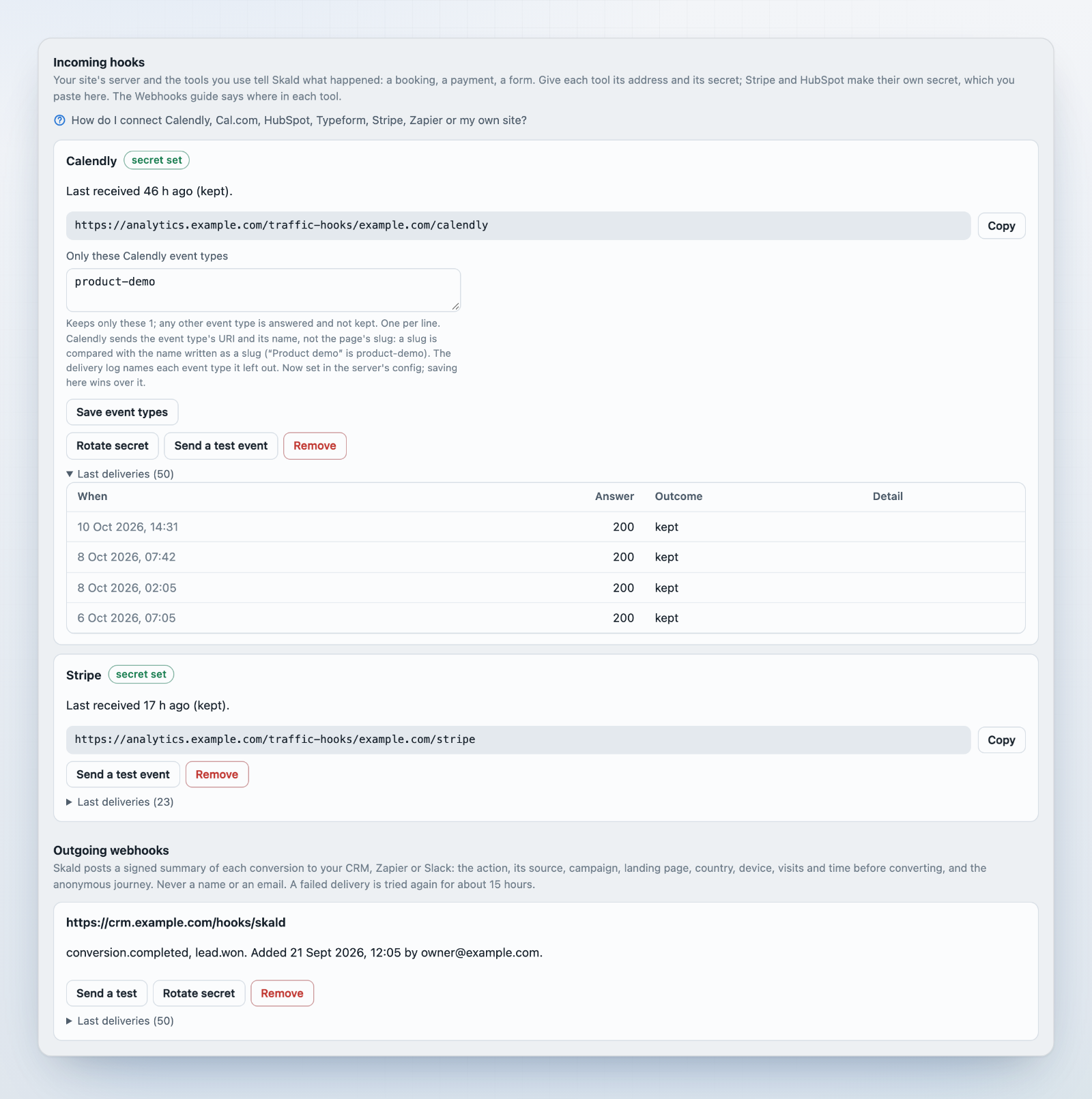 Settings: signed Calendly and Stripe hooks with their deliveries, Calendly kept to one event type, and an outgoing webhook to a CRM