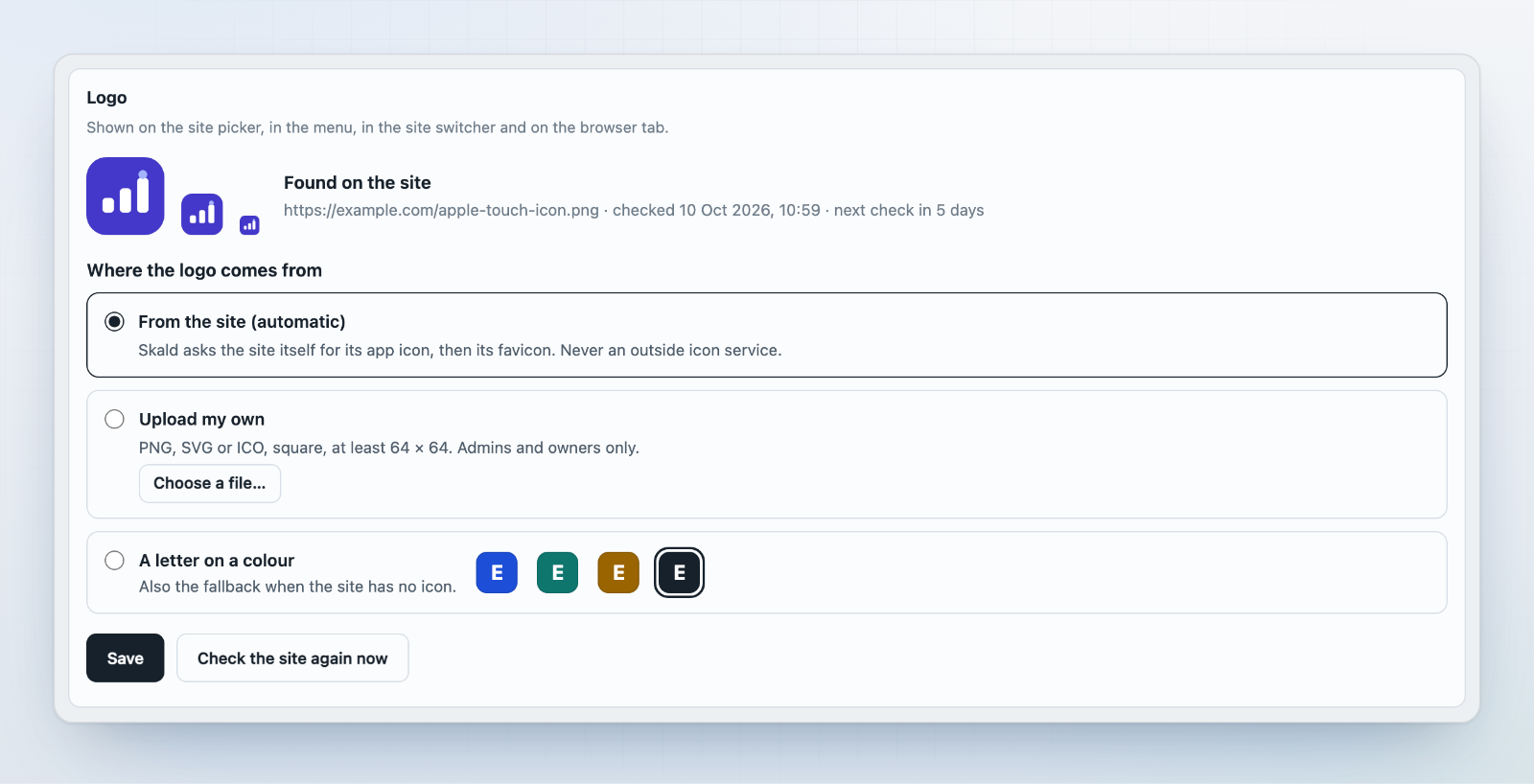 Settings, Sites, Logo: the logo at three sizes, found on the site at https://example.com/apple-touch-icon.png, and the three choices: from the site (automatic), upload my own, or a letter on one of four colours