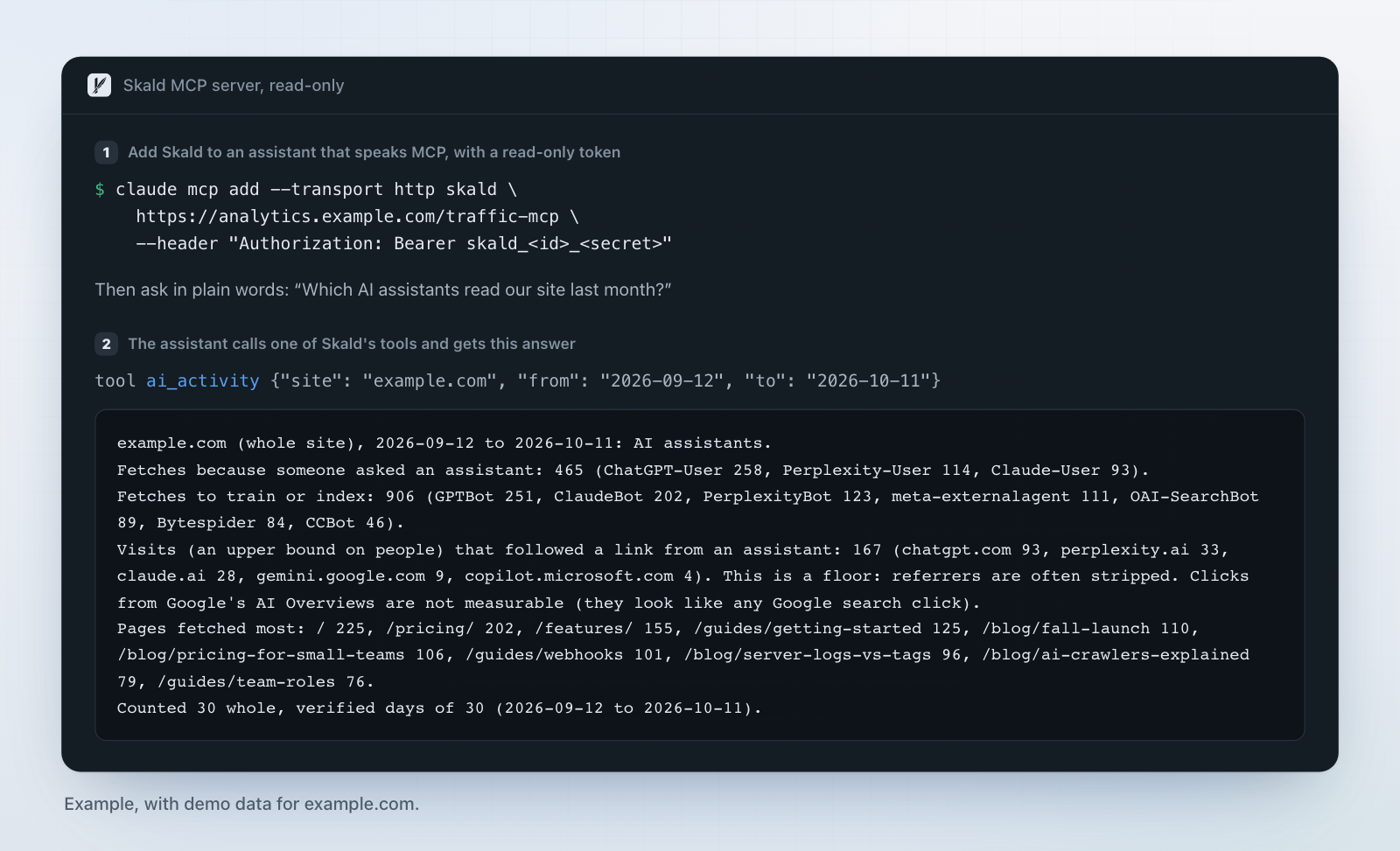 Example: adding Skald's MCP server with one command, and the answer of its ai_activity tool