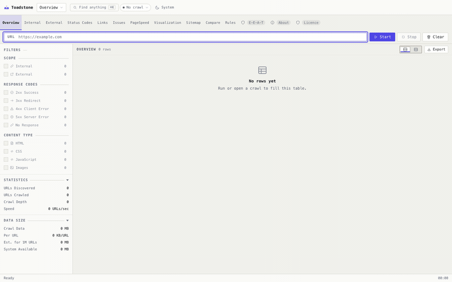 Toadstone crawling freshlycited.com: a URL typed in, 141 pages streaming through, then the findings grouped by check