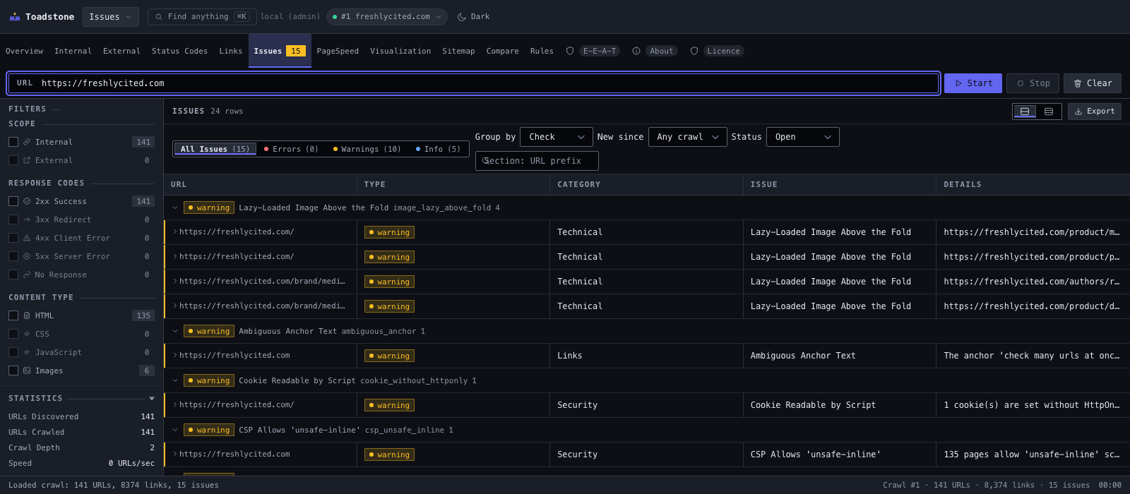 The issues view in dark mode